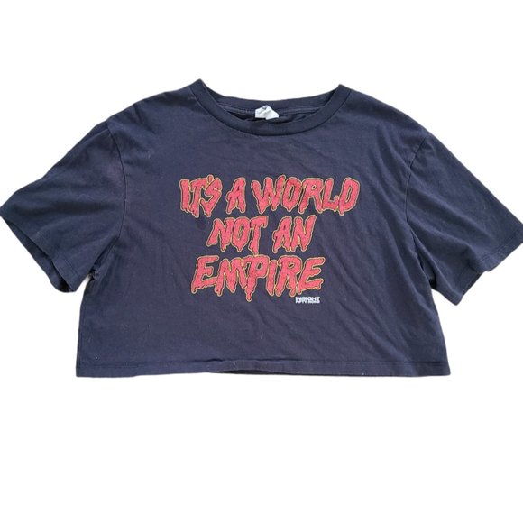 Insight Cut Off T-Shirt World Not An Empire Distressed Black Tee Women's Size L - Picture 1 of 4